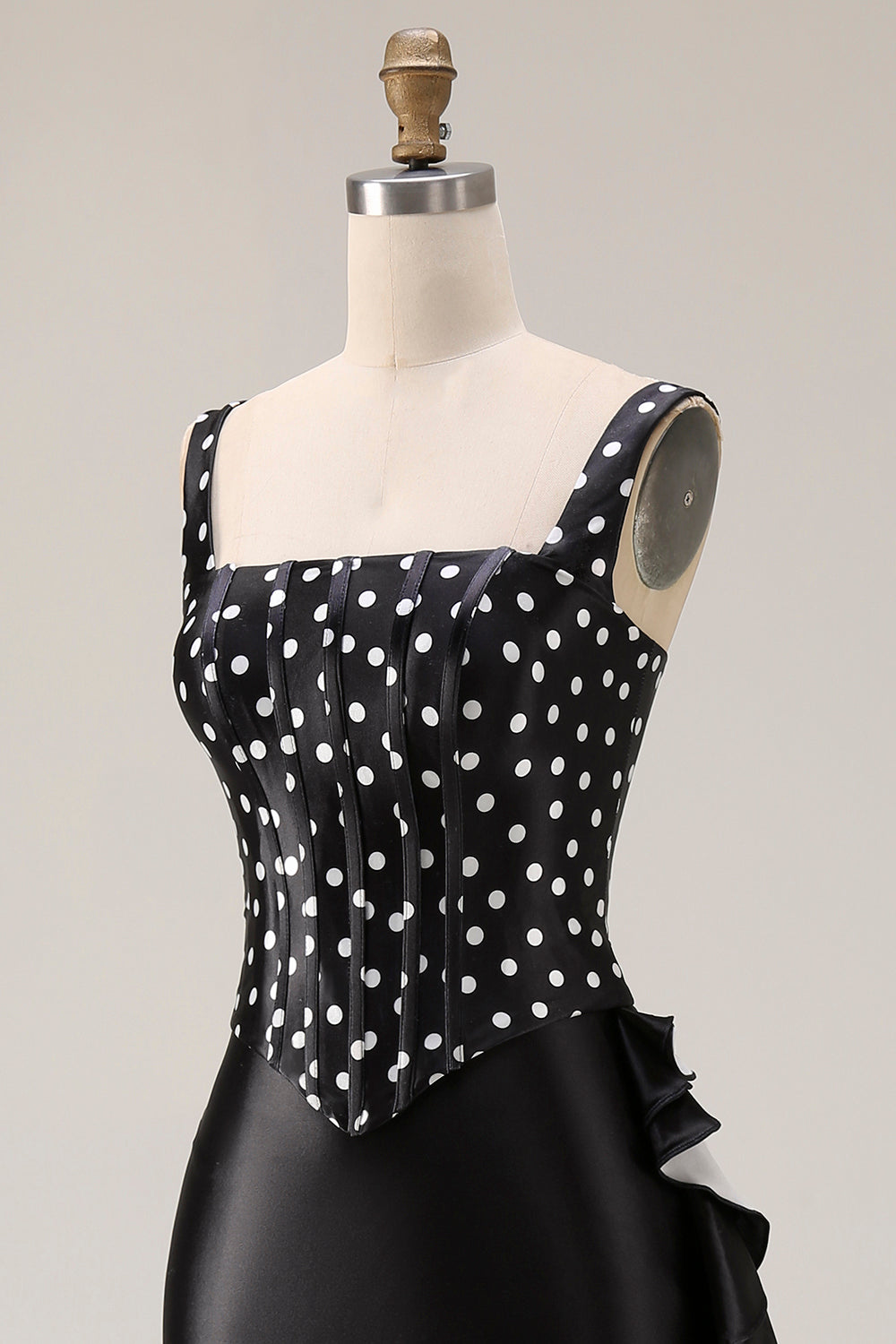 Elegant Black and White Polka Dots Corset Mermaid Long Prom Dress with Ruffles