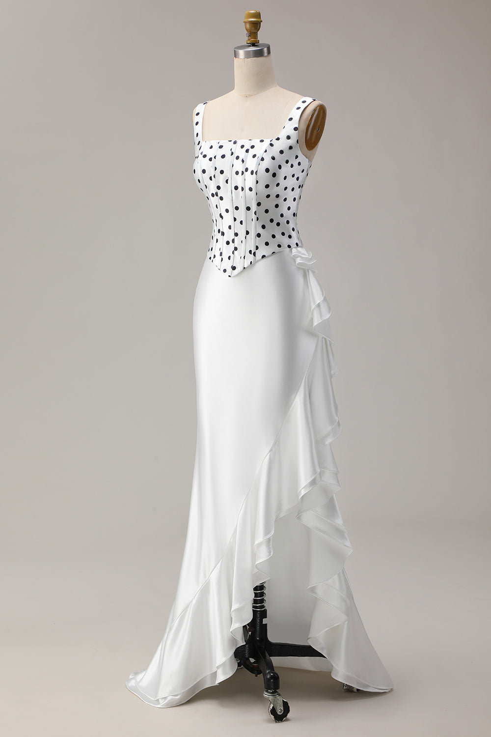 Elegant Black and White Polka Dots Corset Mermaid Long Prom Dress with Ruffles