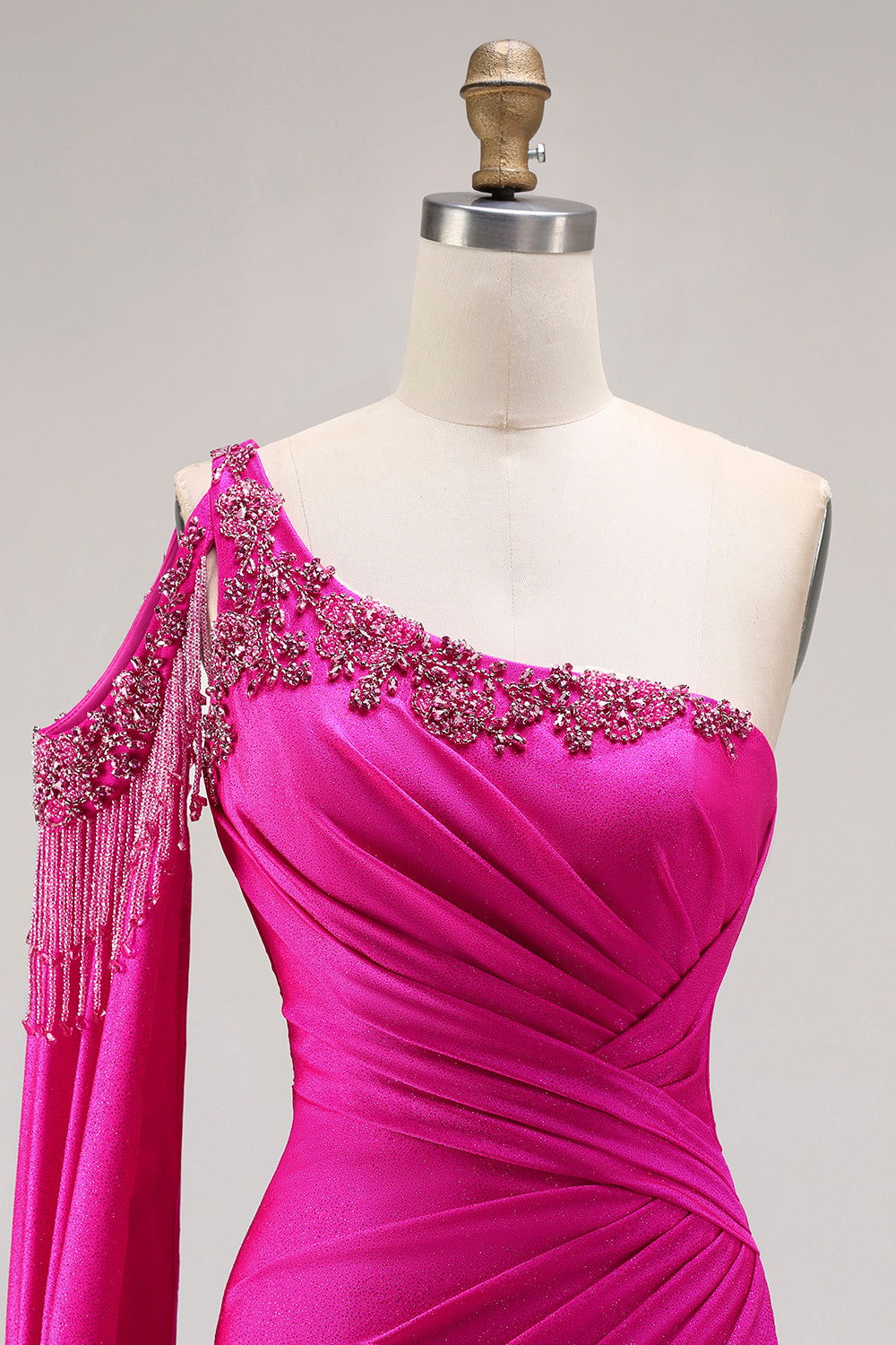 Sparkly Fuchsia Beaded One Shoulder Mermaid Long Prom Dress with Cape