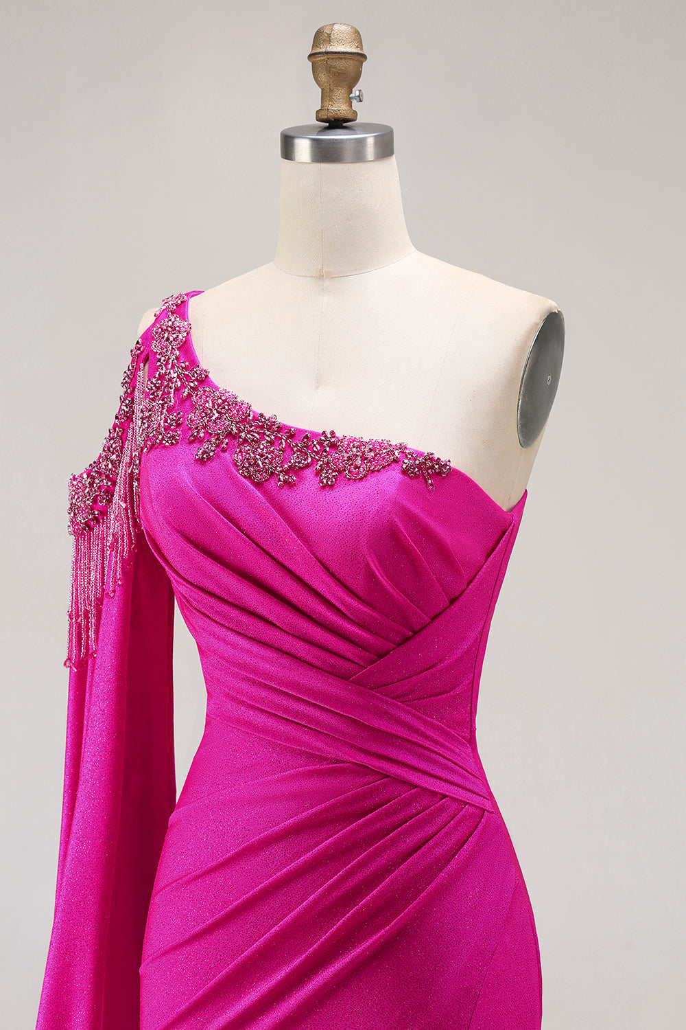 Sparkly Fuchsia Beaded One Shoulder Mermaid Long Prom Dress with Cape