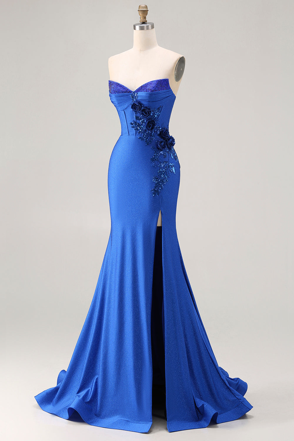 Royal Blue Mermaid Strapless Satin Long Corset Prom Dress with Appliques