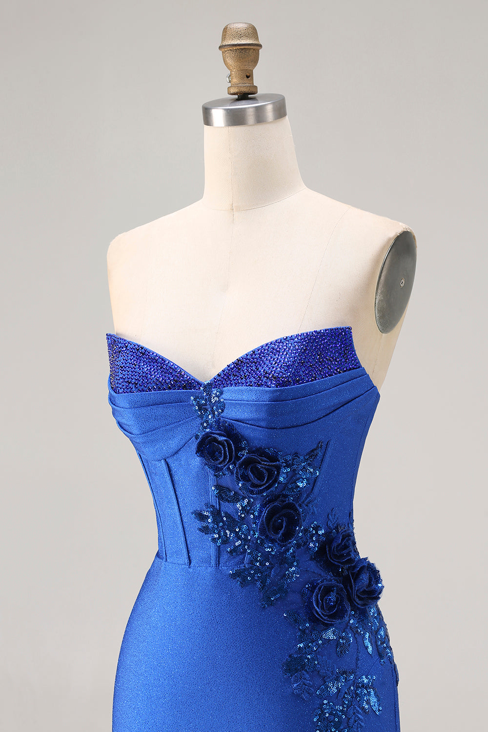 Royal Blue Mermaid Strapless Satin Long Corset Prom Dress with Appliques