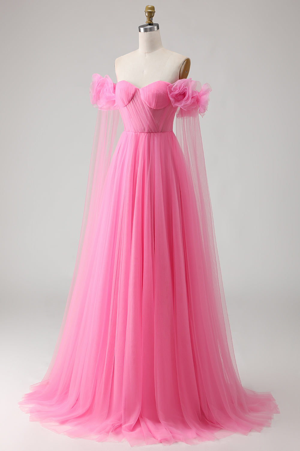 Hot Pink Tulle A-Line Off the Shoulder Long Prom Dress with 3D Flowers