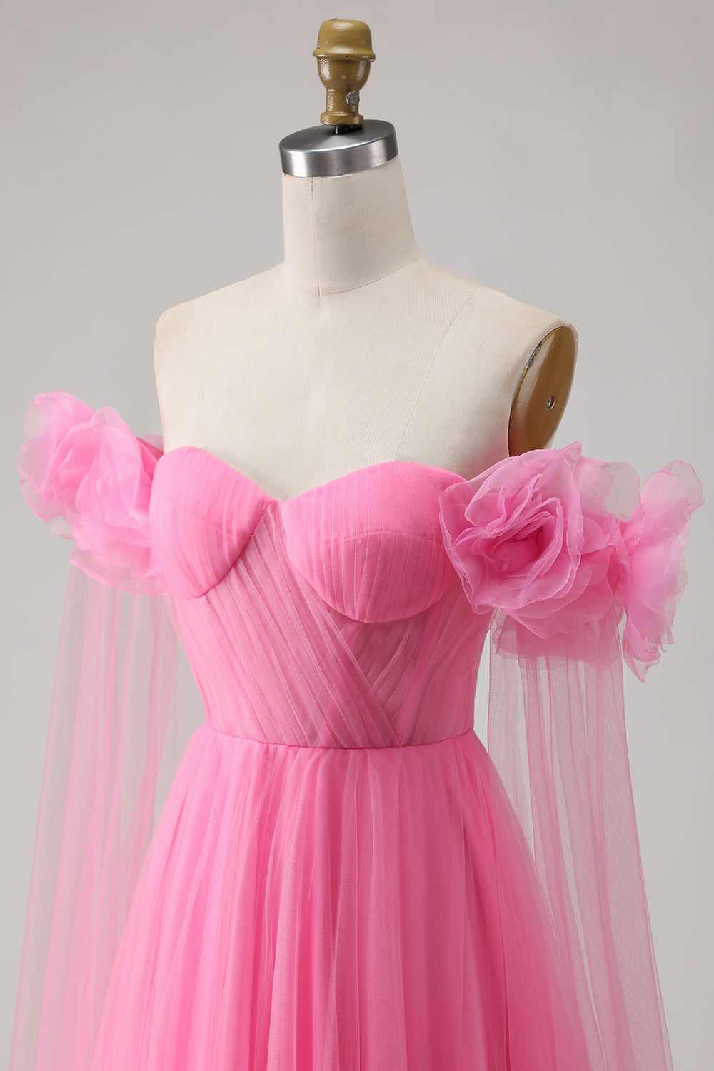 Hot Pink Tulle A-Line Off the Shoulder Long Prom Dress with 3D Flowers