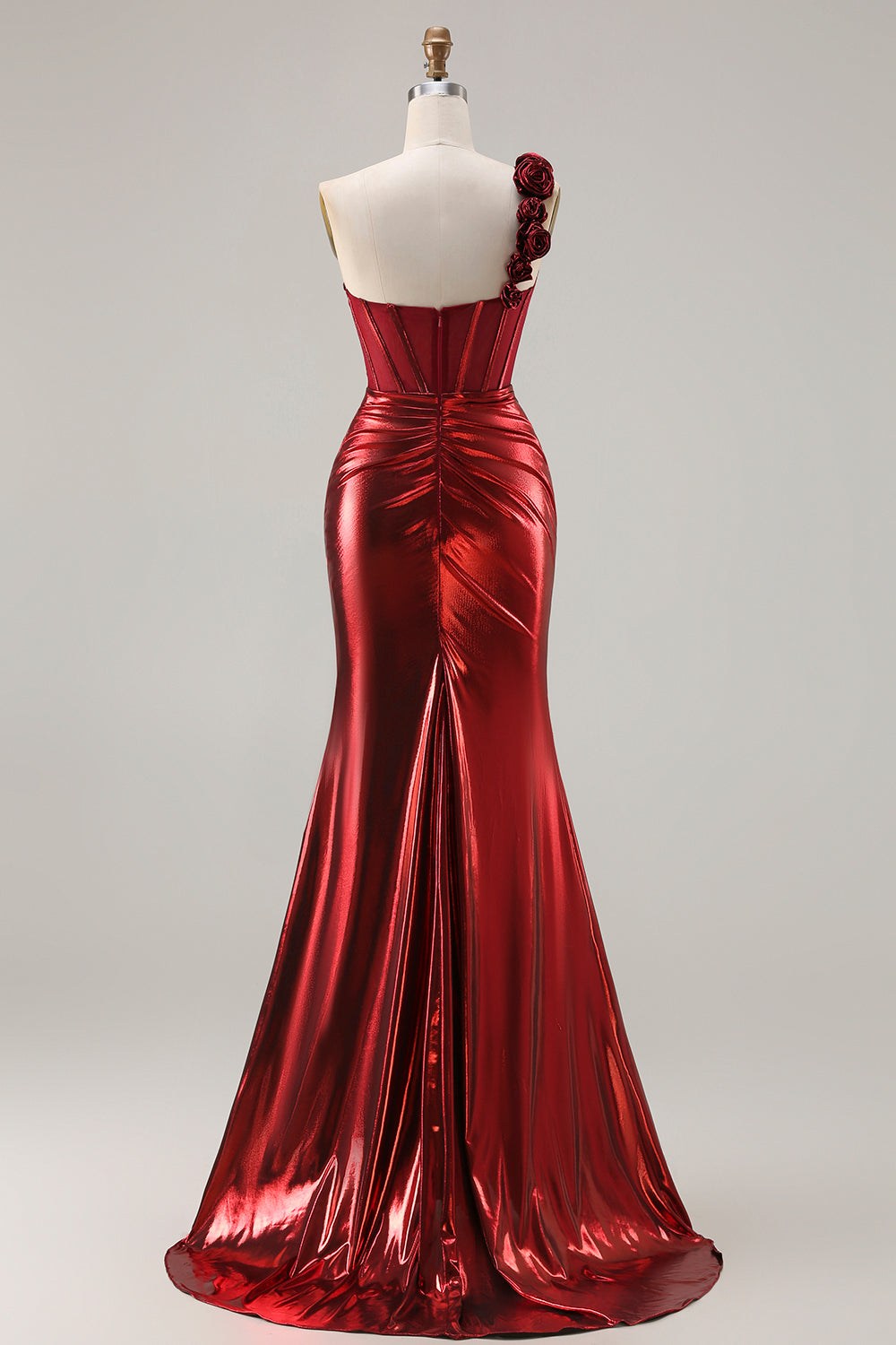 Sparkly Red Ruched Metallic Corset Long Prom Dress with 3D Flowers
