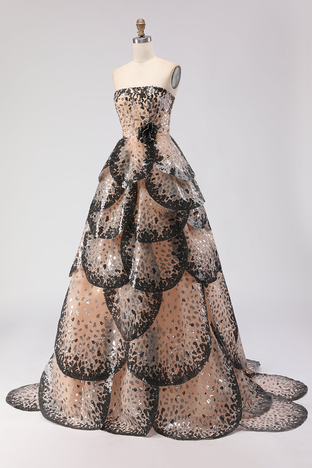 Sparkly Black and Apricot A-Line Tiered Strapless Long Prom Dress with Sequin