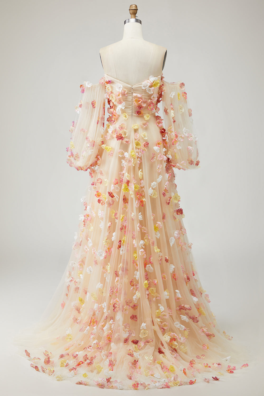 Floral Champagne A-Line Long Tulle Prom Dress with Detachable Sleeves