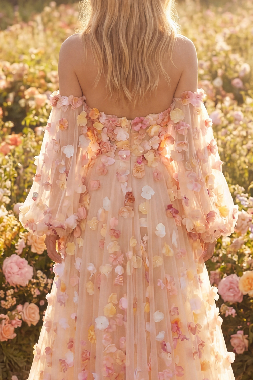 Floral Champagne A-Line Long Tulle Prom Dress with Detachable Sleeves