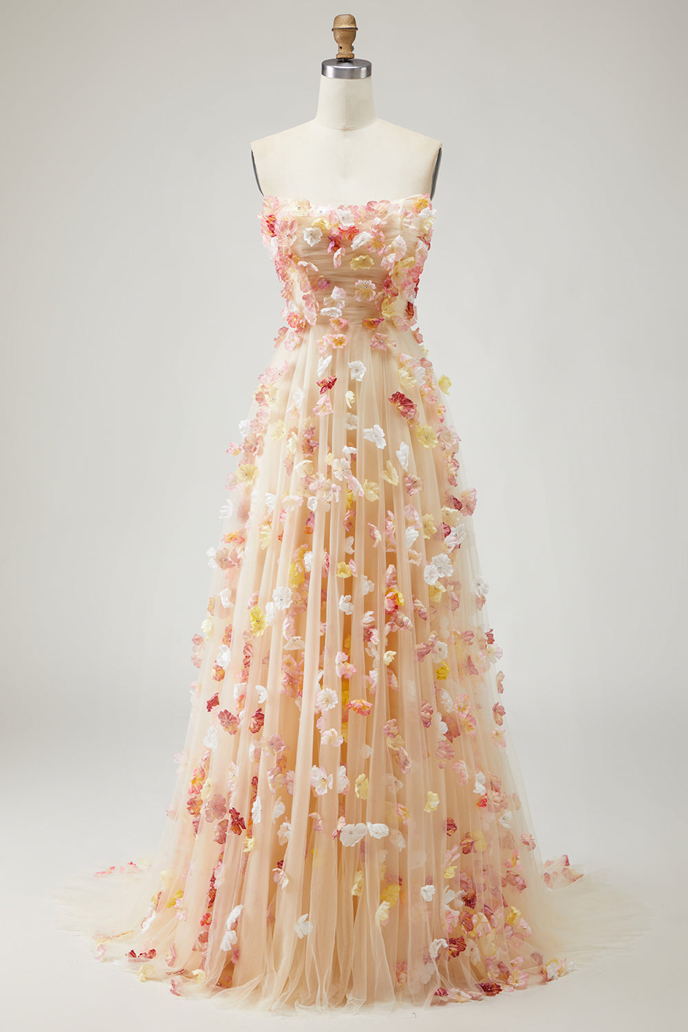 Floral Champagne A-Line Long Tulle Prom Dress with Detachable Sleeves