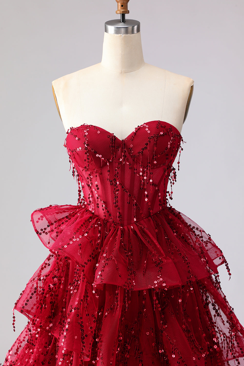 Sparkly Burgundy Sequin A Line Corset Long Prom Dress with Ruffles