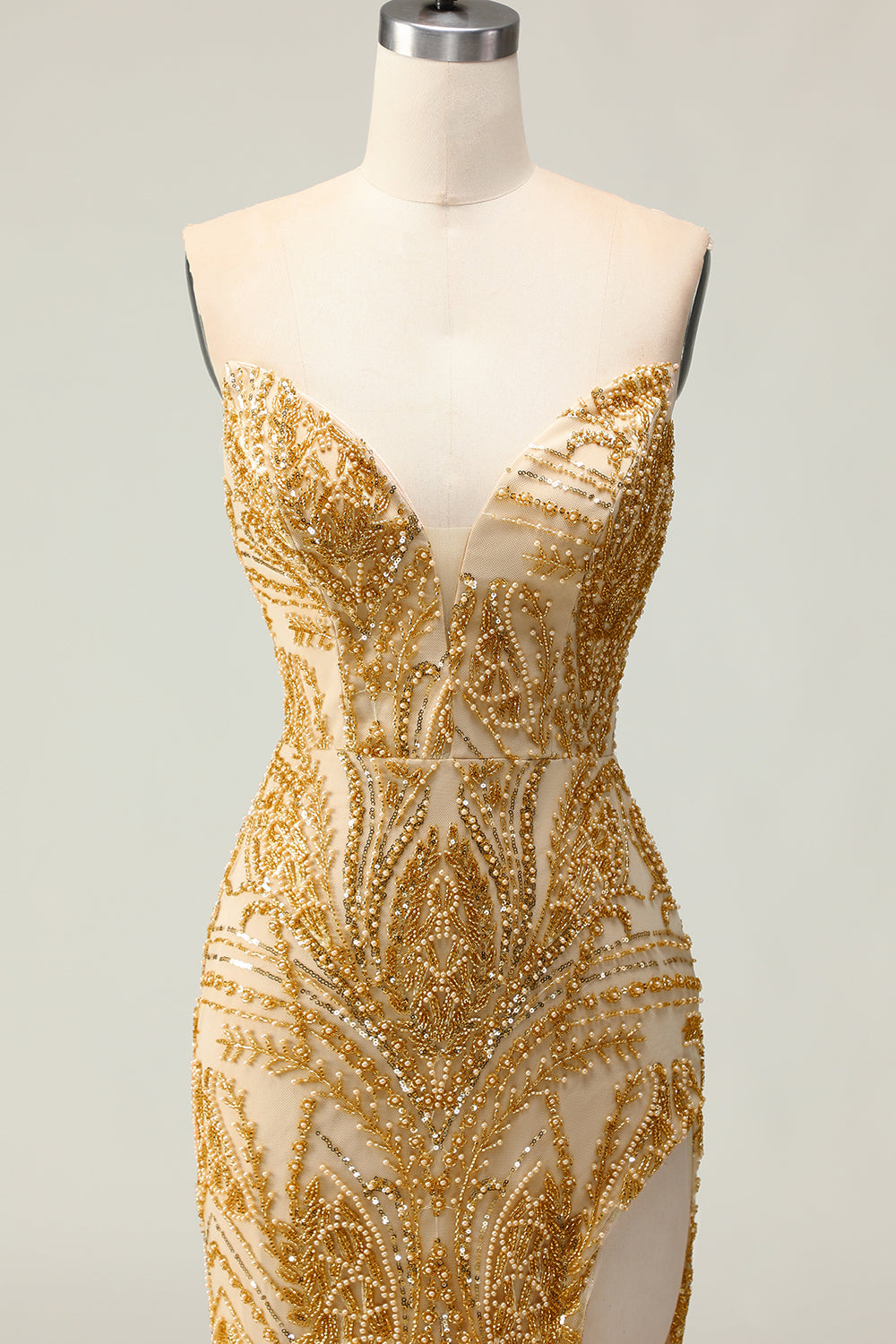 Sparkly Golden Strapless Mermaid Beaded Maxi Prom Dress with Slit