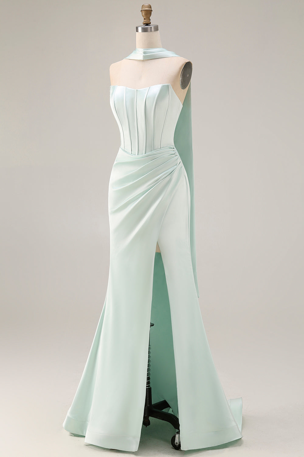 Light Green Neck Scarf Mermaid Corset Long Prom Dress with Slit