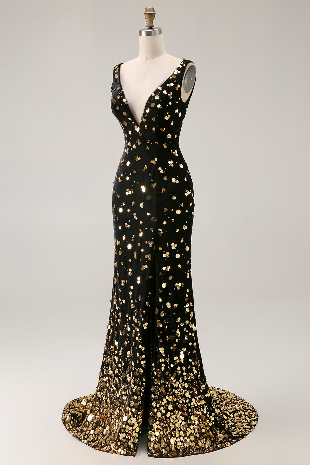 Sparkly Black Golden Mermaid V Neck Long Prom Dress with Beading