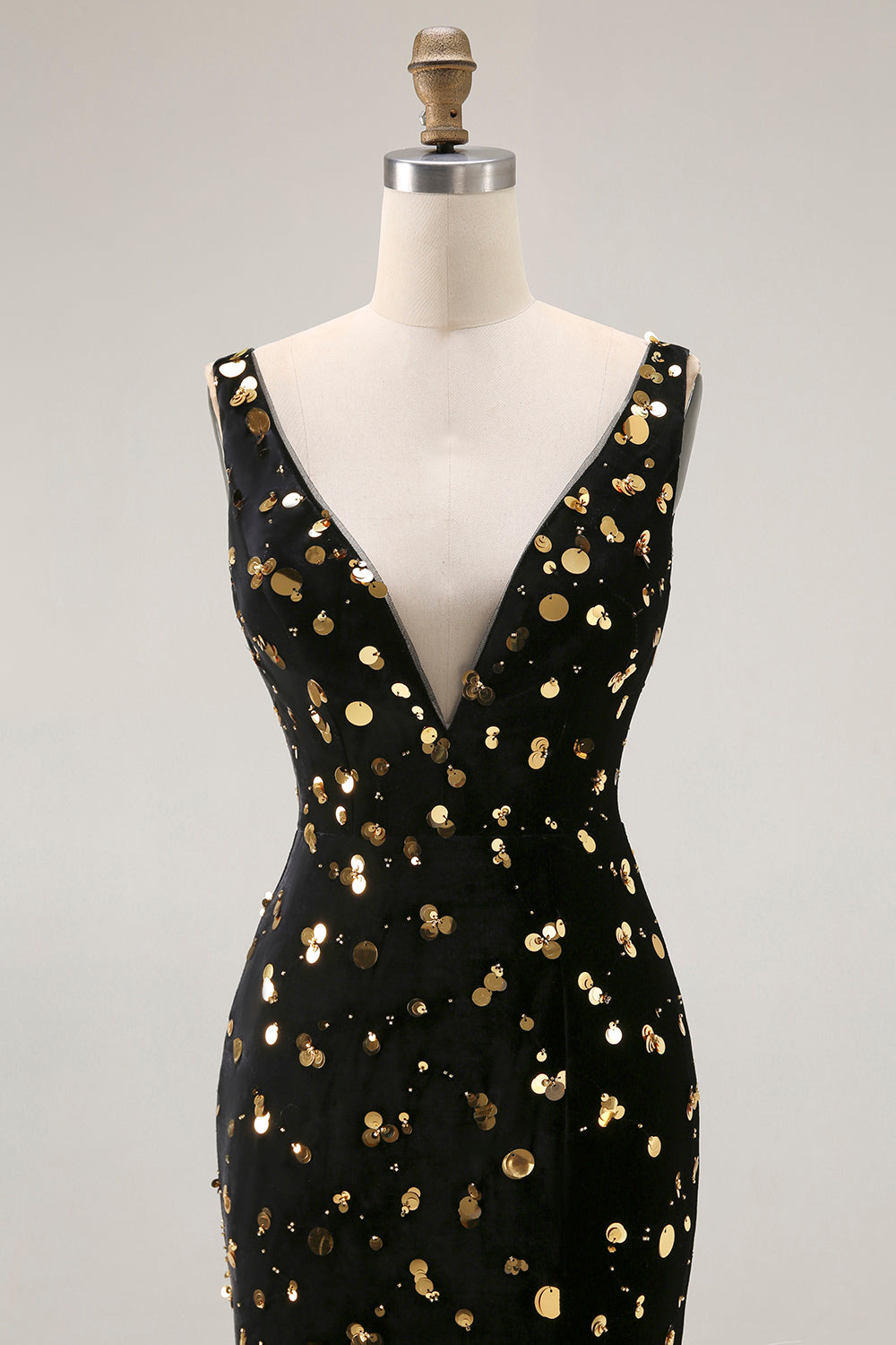 Sparkly Black Golden Mermaid V Neck Long Prom Dress with Beading