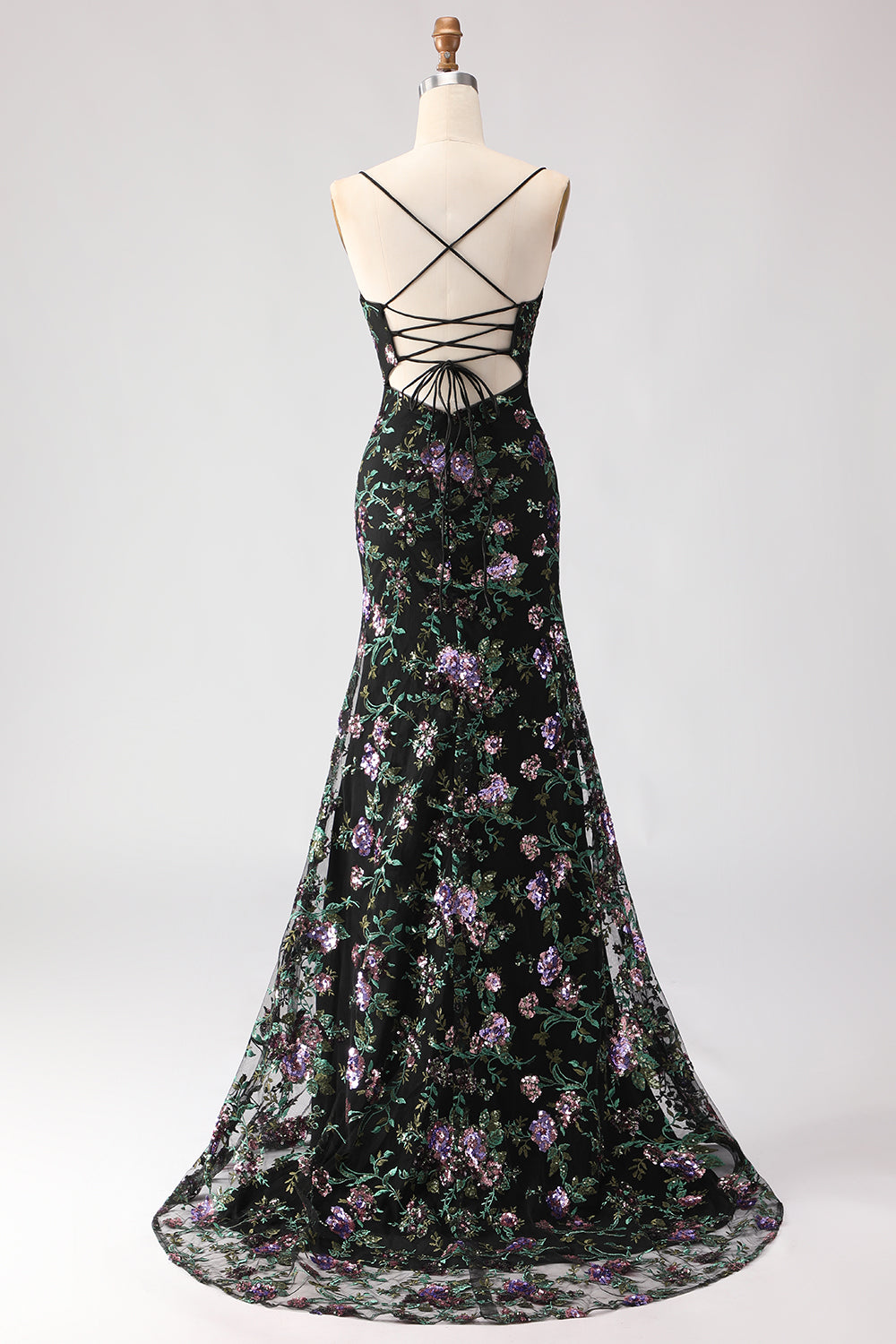 Sparkly Black and Purple Floral Sequin Long Mermaid Prom Dress with Slit