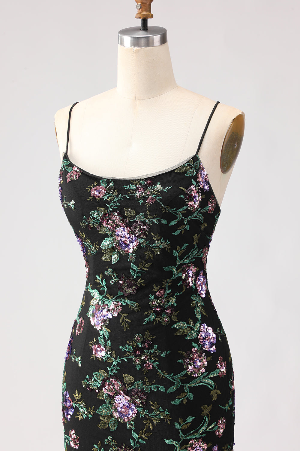 Sparkly Black and Purple Floral Sequin Long Mermaid Prom Dress with Slit