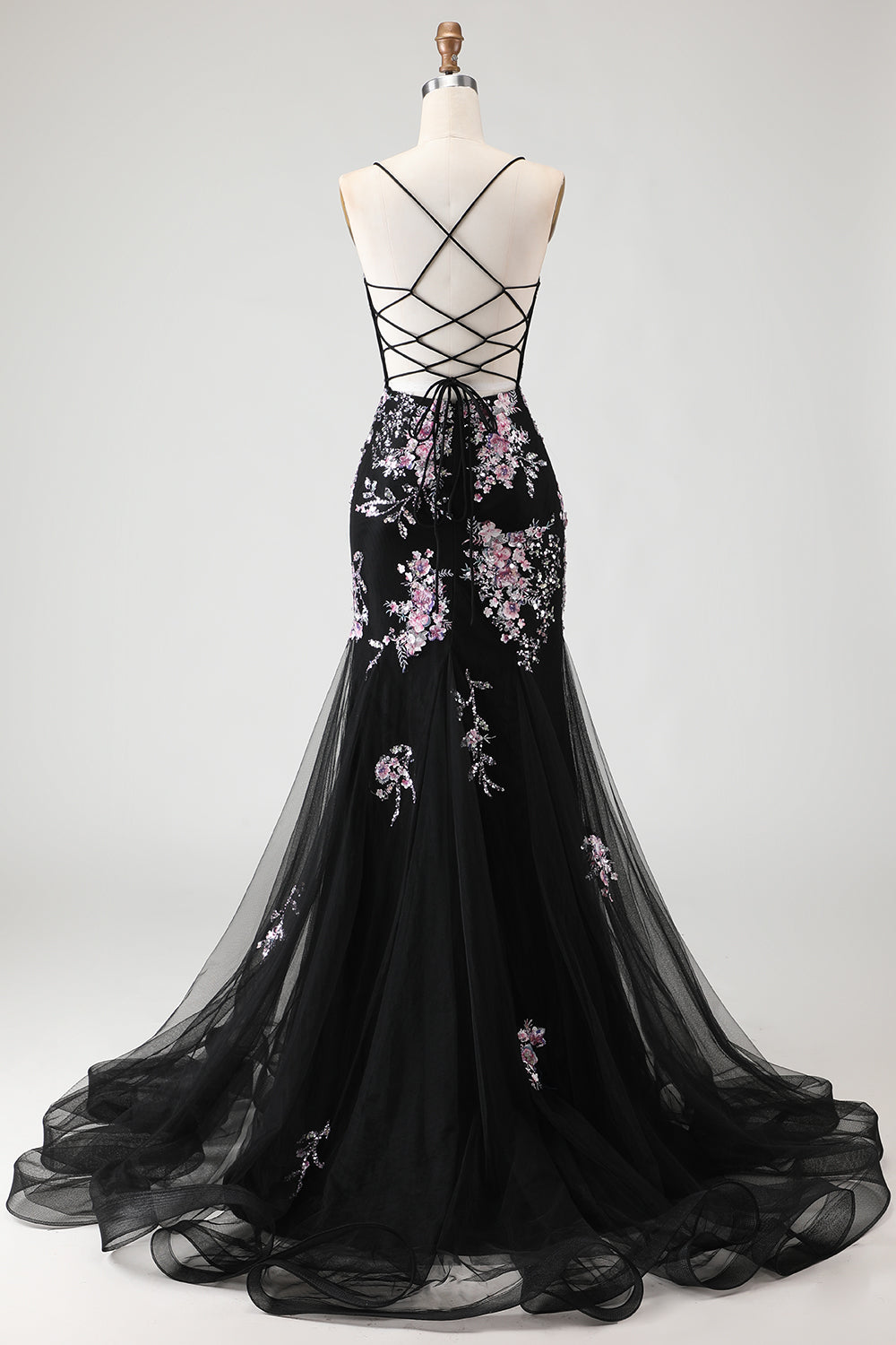 Sparkly Floral Black and Pink Beaded Mermaid Long Corset Prom Dress