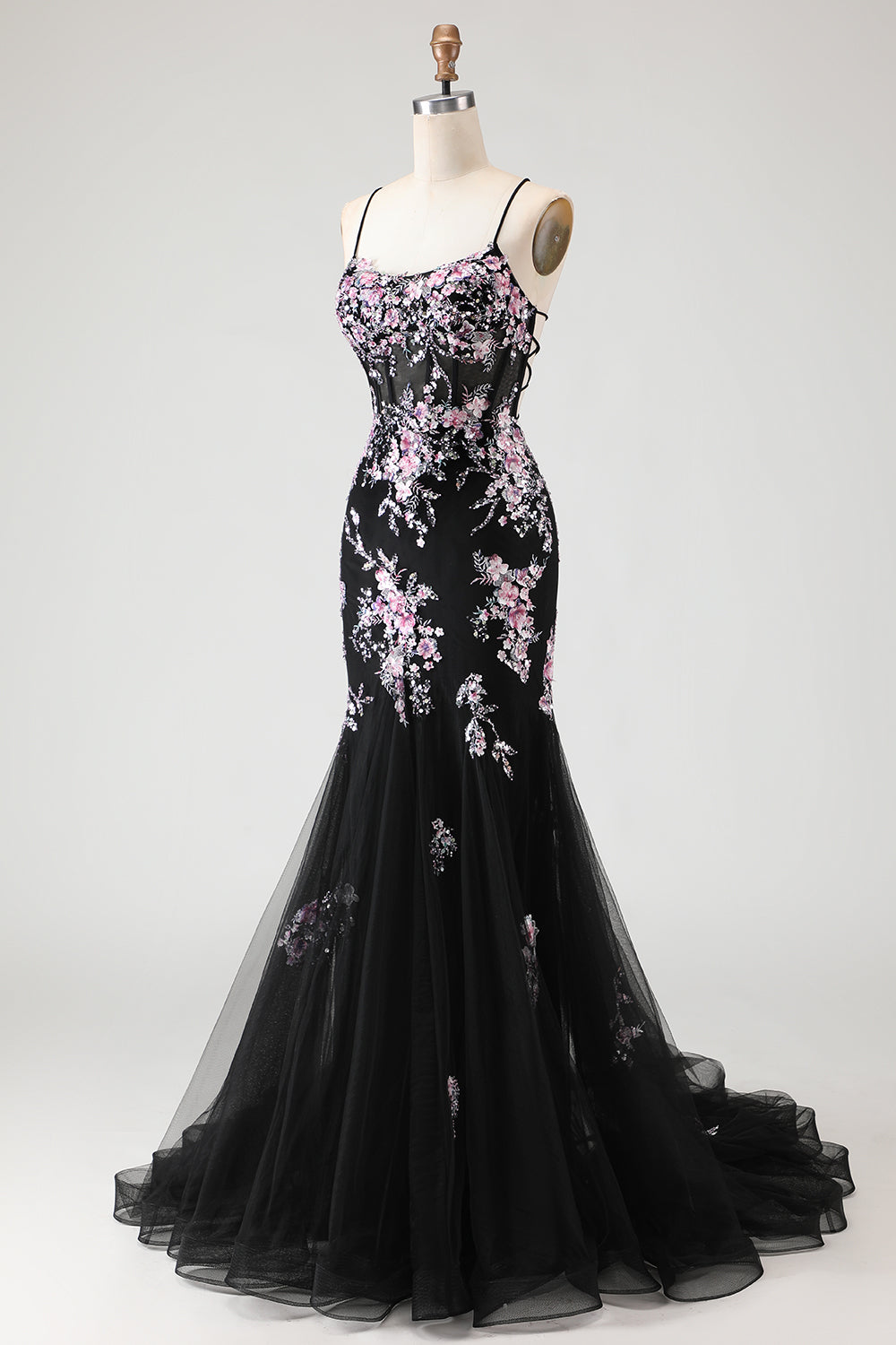 Sparkly Floral Black and Pink Beaded Mermaid Long Corset Prom Dress