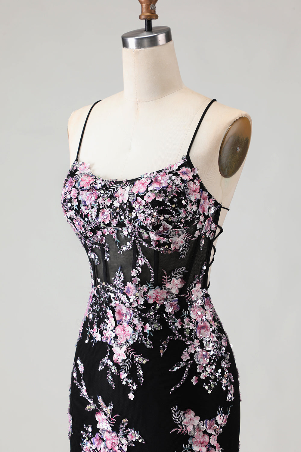 Sparkly Floral Black and Pink Beaded Mermaid Long Corset Prom Dress
