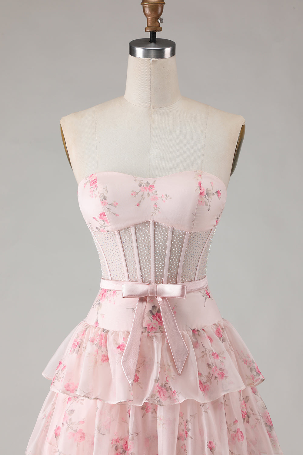 Floral Pink Tiered A-Line Strapless Long Corset Prom Dress with Bow