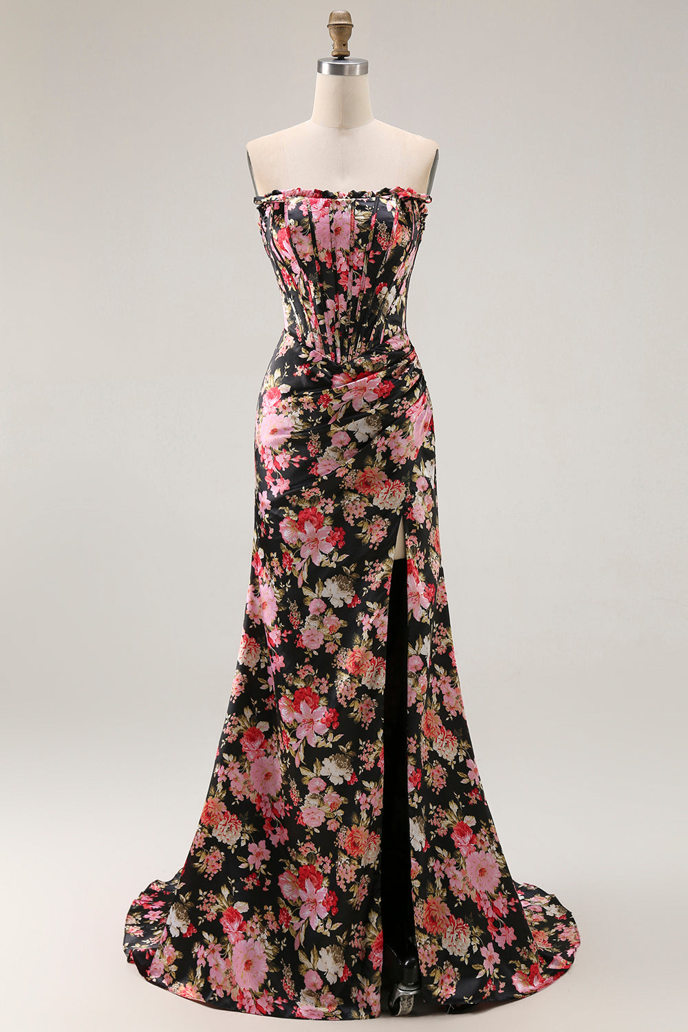 Black Pink Mermaid Flower Long Corset Prom Dress with Slit