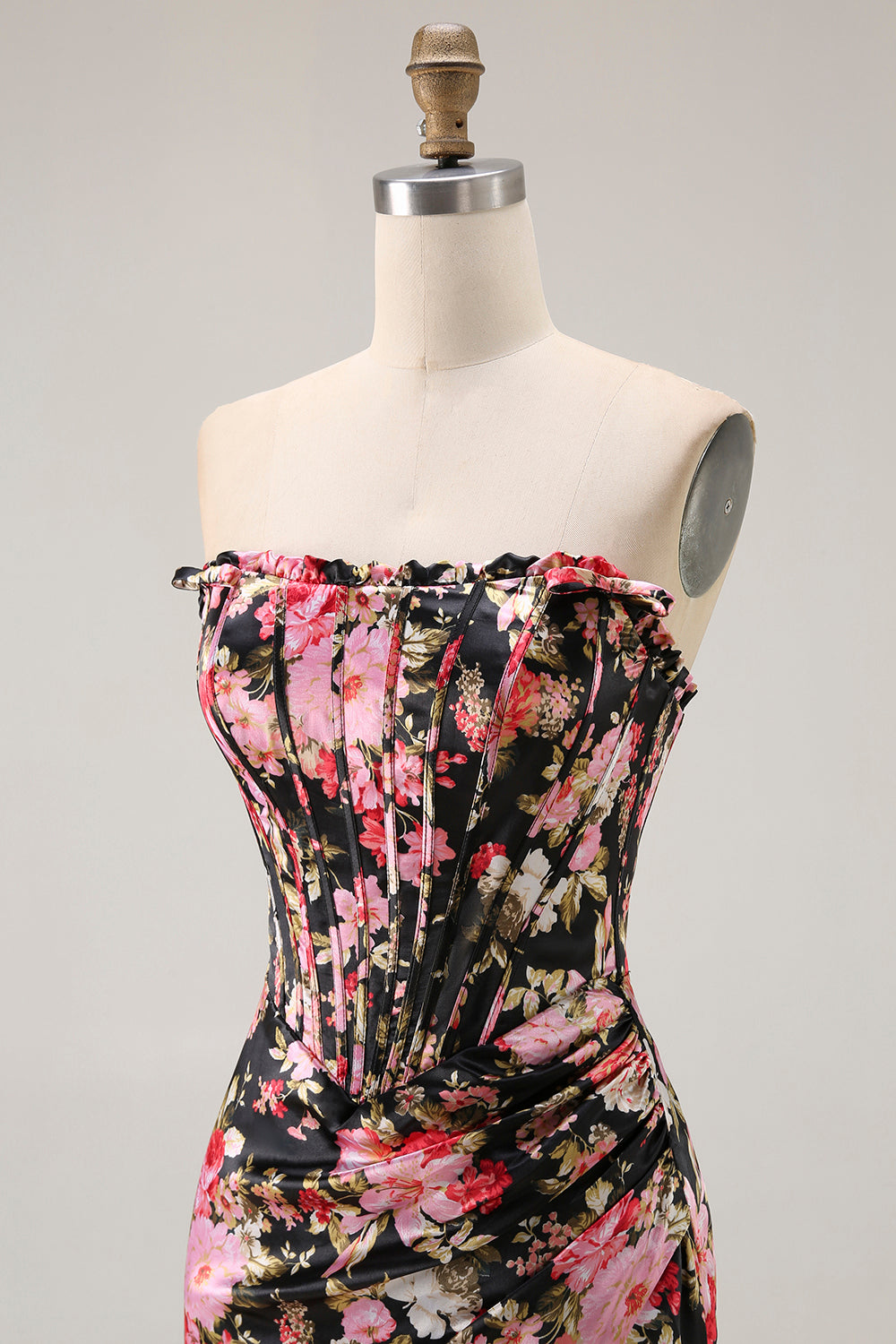Black Pink Mermaid Flower Long Corset Prom Dress with Slit