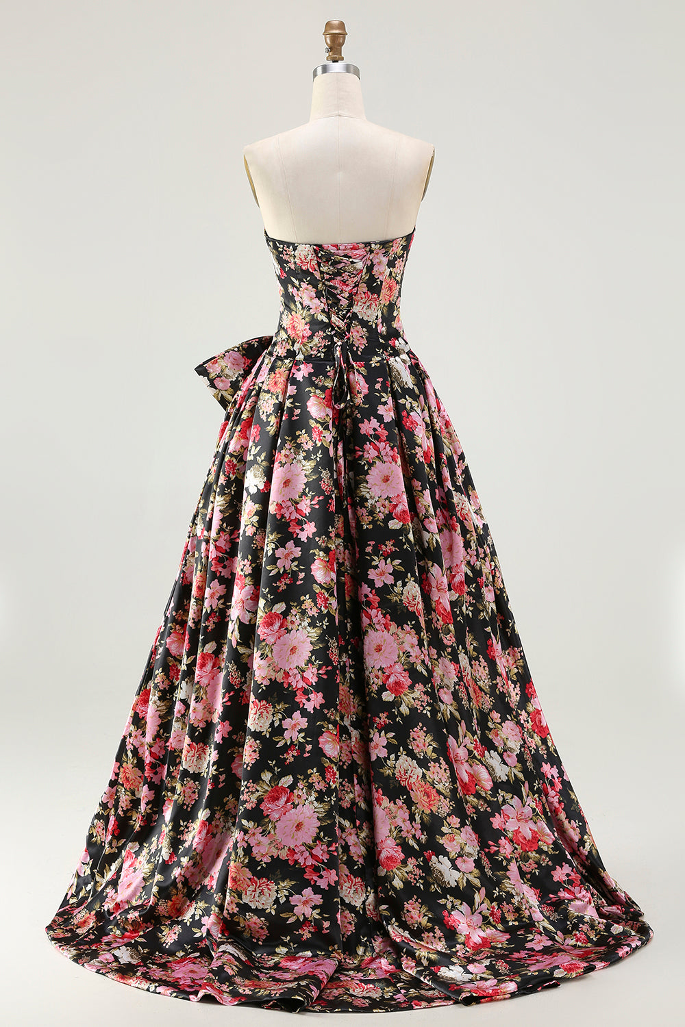 Black and Pink Strapless Floral Corset Long Prom Dress with Bow