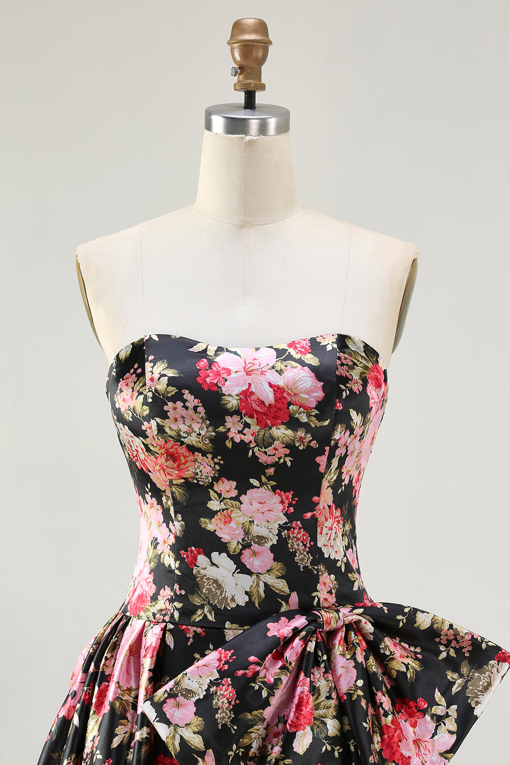 Black and Pink Strapless Floral Corset Long Prom Dress with Bow