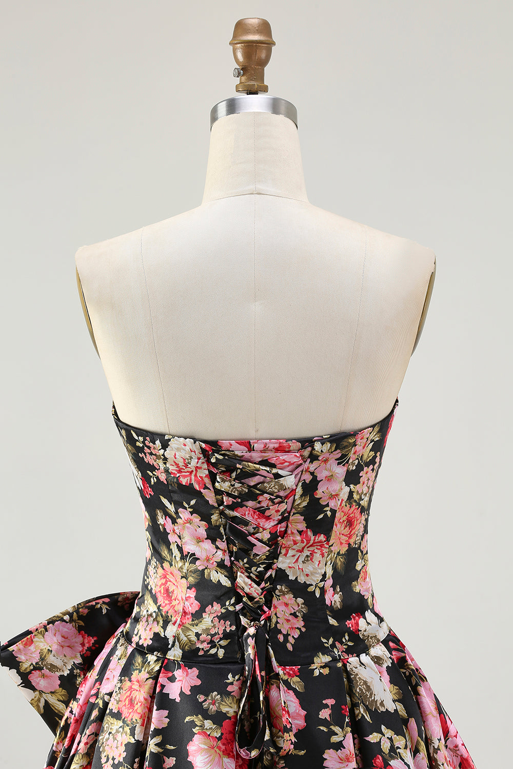 Black and Pink Strapless Floral Corset Long Prom Dress with Bow