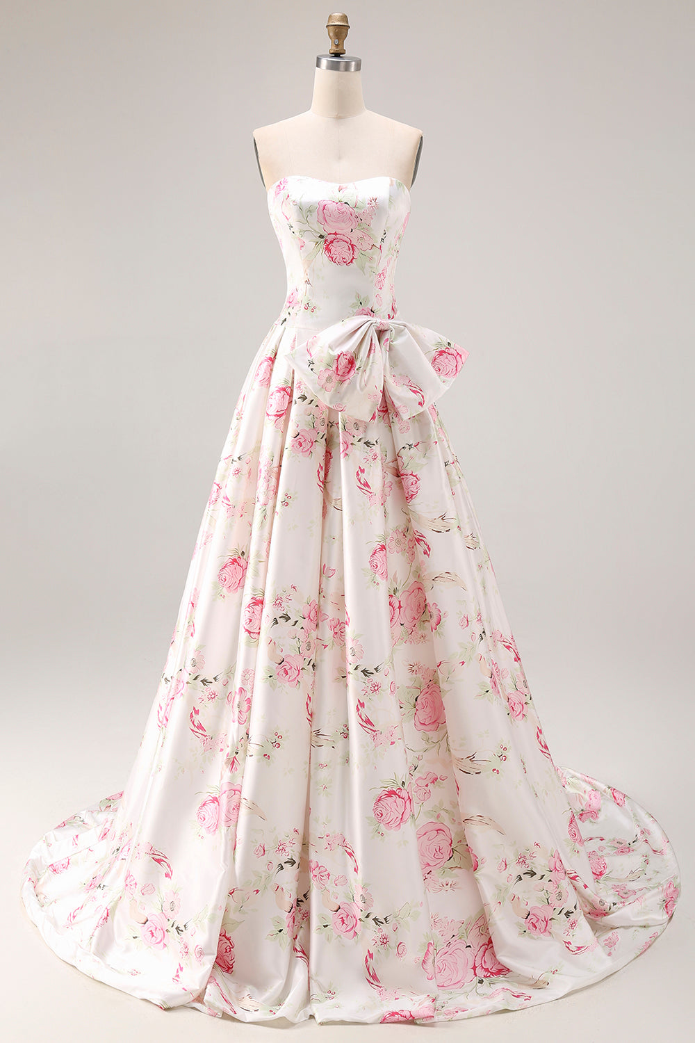 White and Pink Floral A Line Corset Long Prom Dress with Bow
