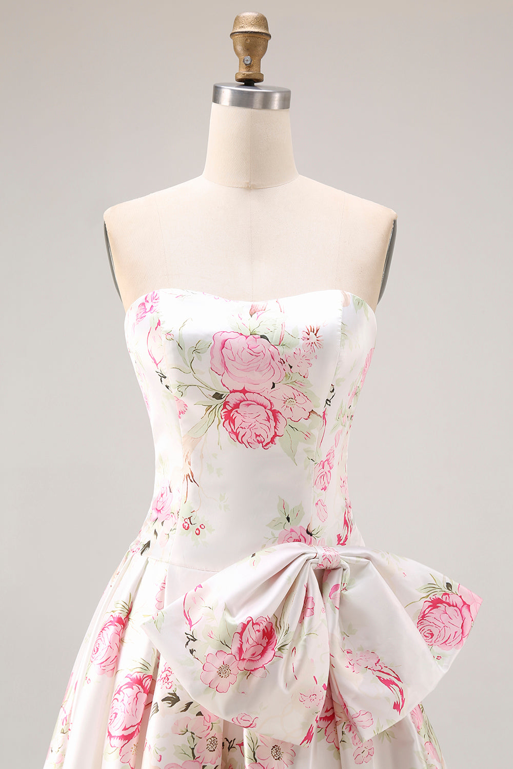 White and Pink Floral A Line Corset Long Prom Dress with Bow