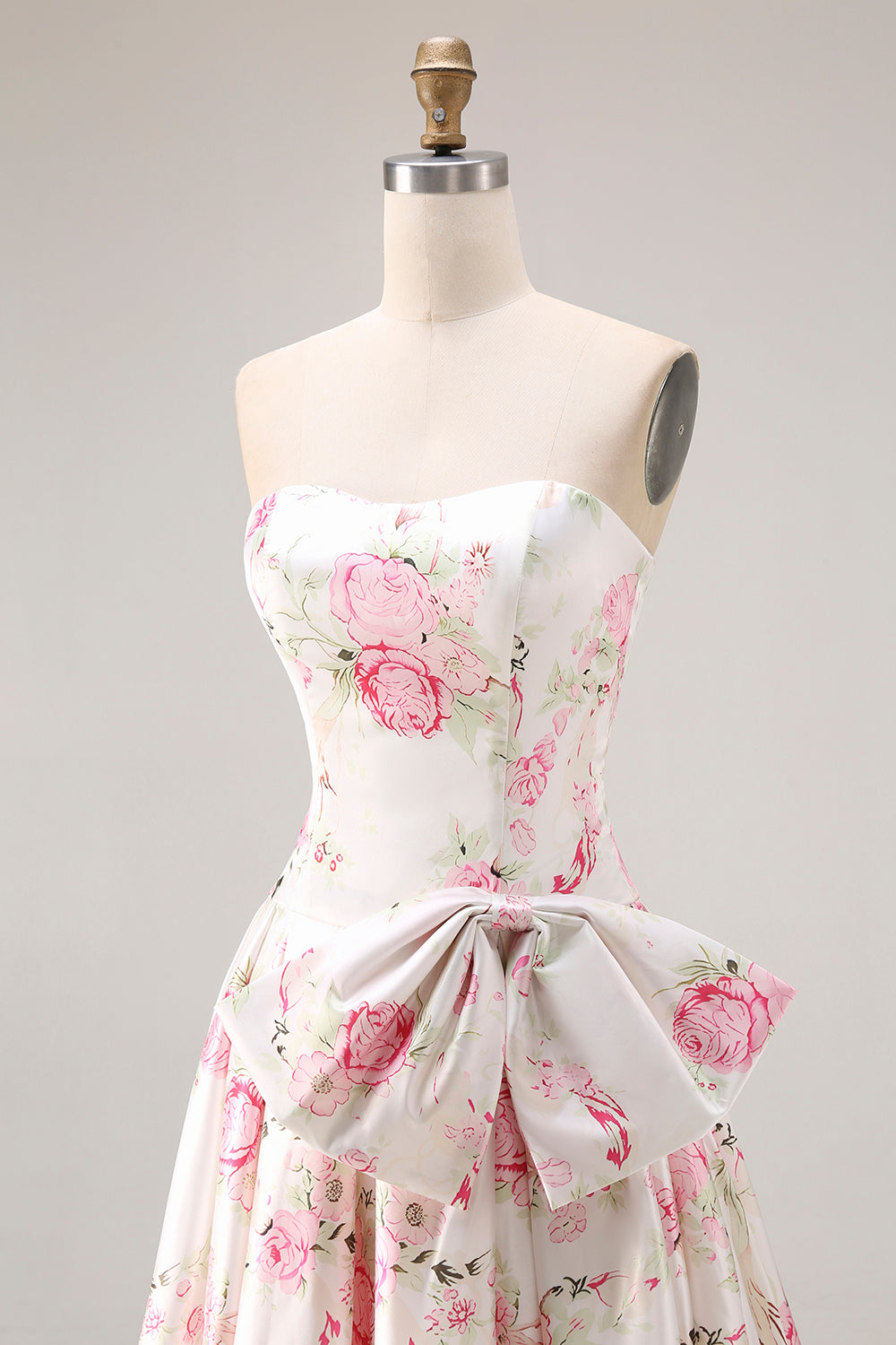 White and Pink Floral A Line Corset Long Prom Dress with Bow