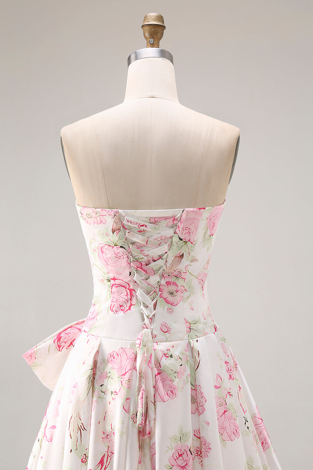 White and Pink Floral A Line Corset Long Prom Dress with Bow