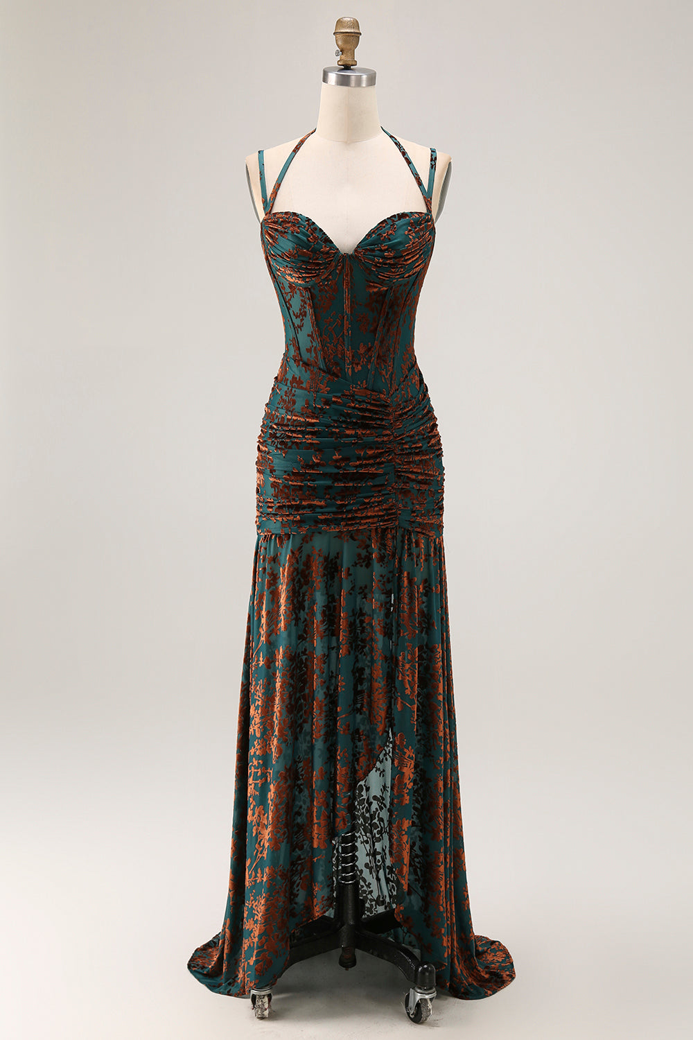 Floral Dark Green Corset Sheath Long Wedding Guest Dress with Slit