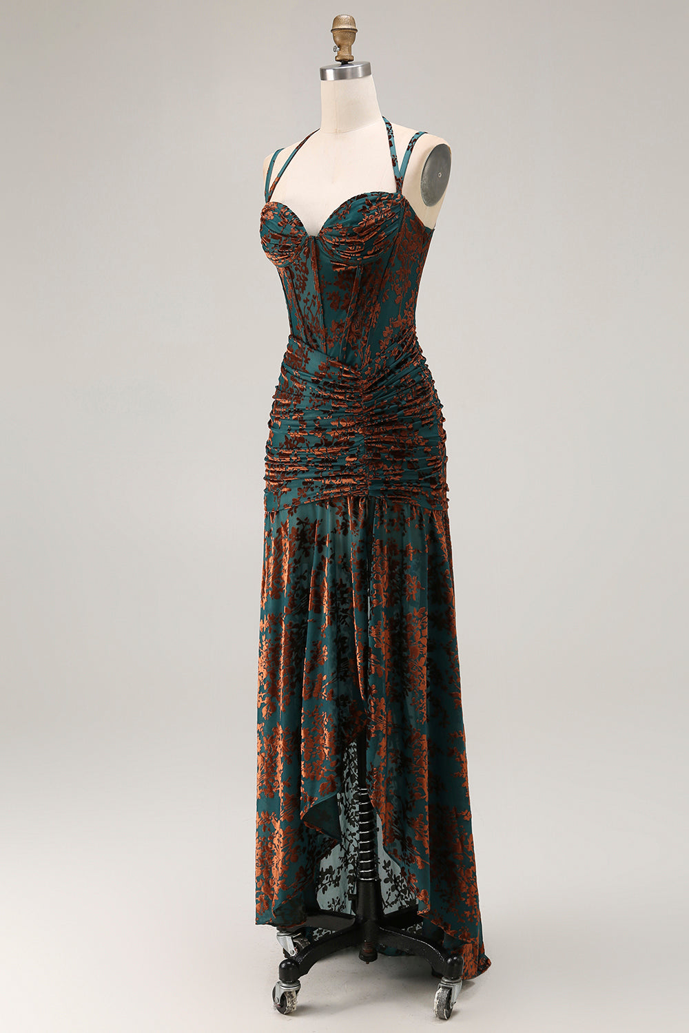 Floral Dark Green Corset Sheath Long Wedding Guest Dress with Slit