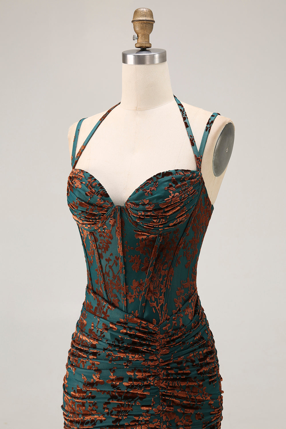 Floral Dark Green Corset Sheath Long Wedding Guest Dress with Slit