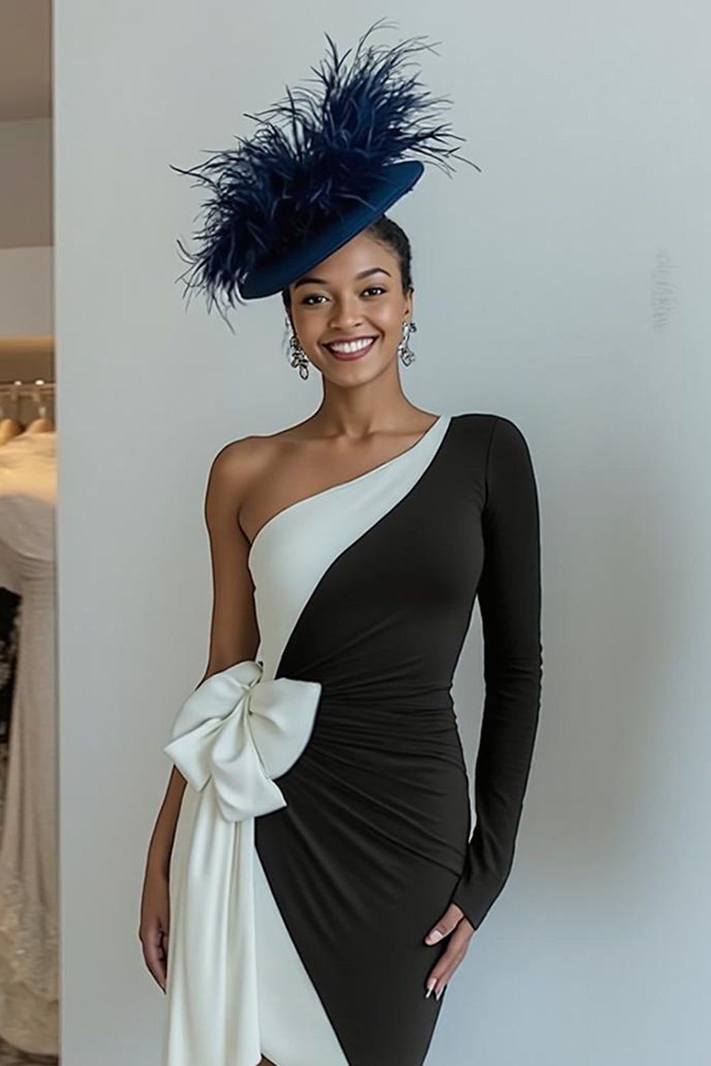 Navy One Shoulder Ruched Midi Wedding Guest Dress with Bow