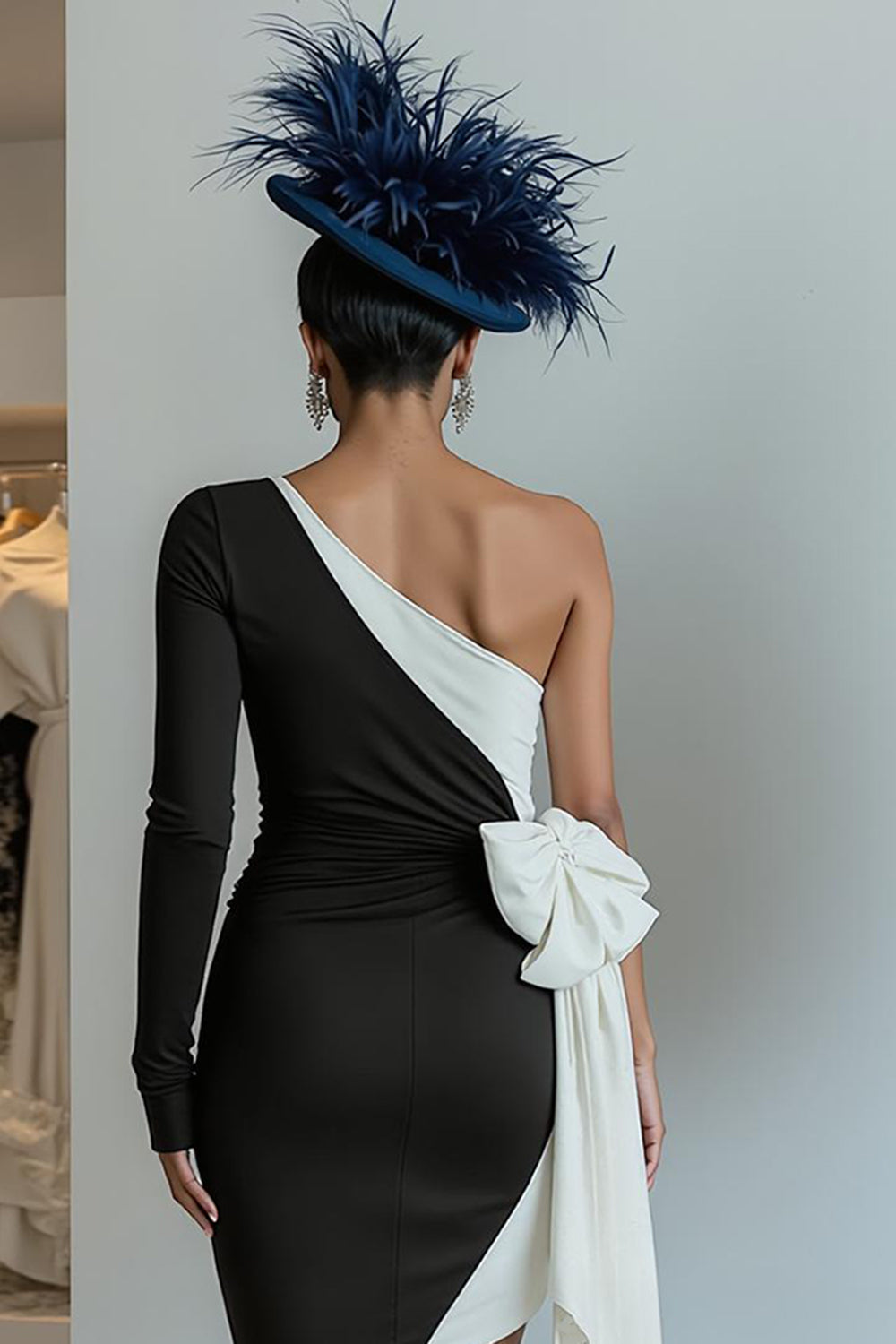 Navy One Shoulder Ruched Midi Wedding Guest Dress with Bow