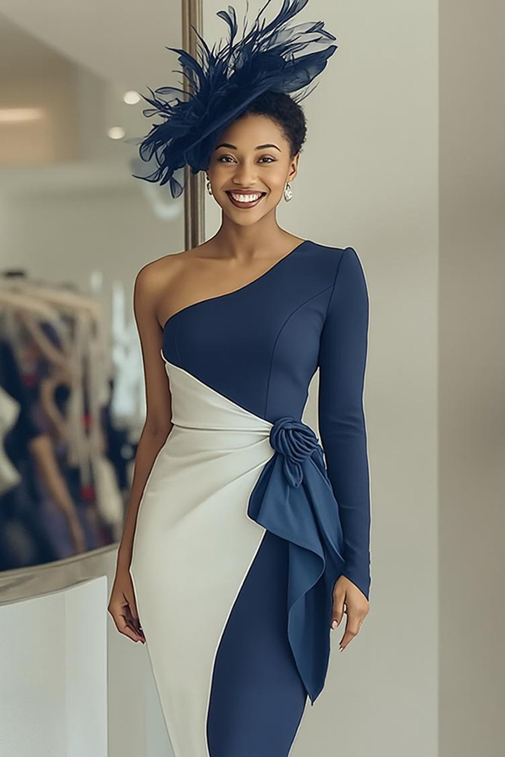 Navy Draped One Shoulder Sheath Midi Wedding Guest Dress