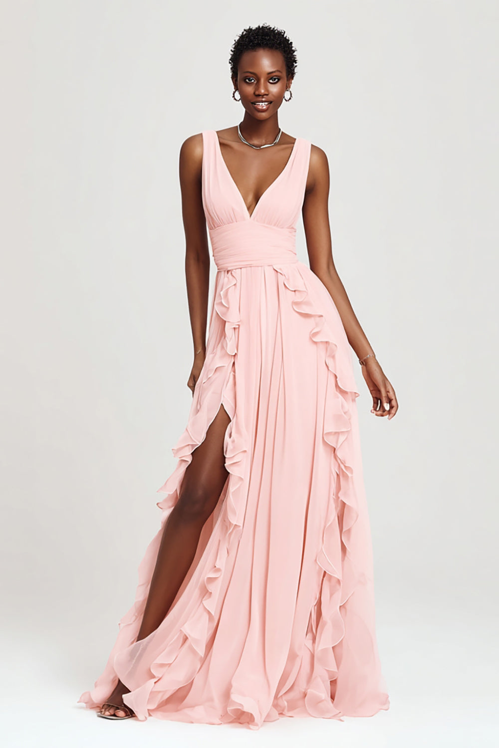 Pink V-Neck A-Line Chiffon Long Evening Dress with Ruffles