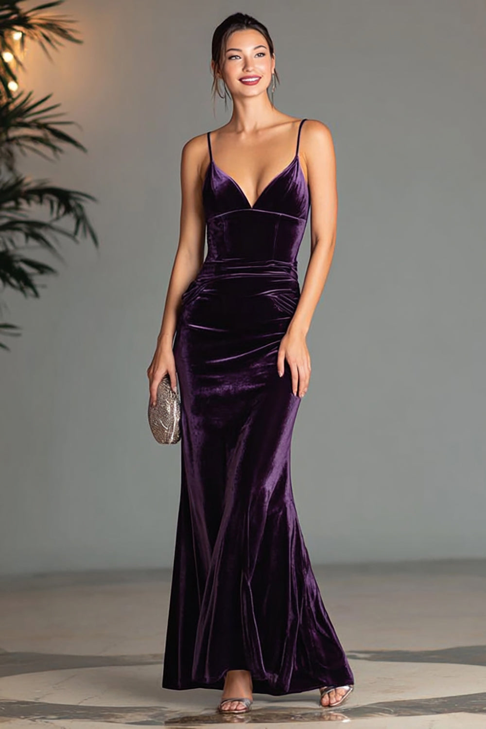 Purple Velvet Ruched Spaghetti Straps Mermaid Long Holiday Party Dress