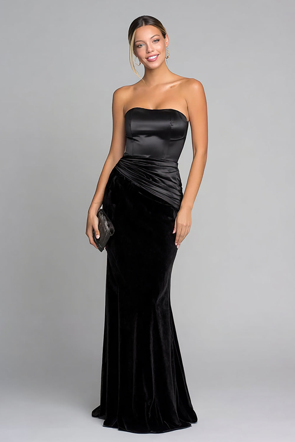 Black Ruched Velvet Strapless Mermaid Long Holiday Party Dress