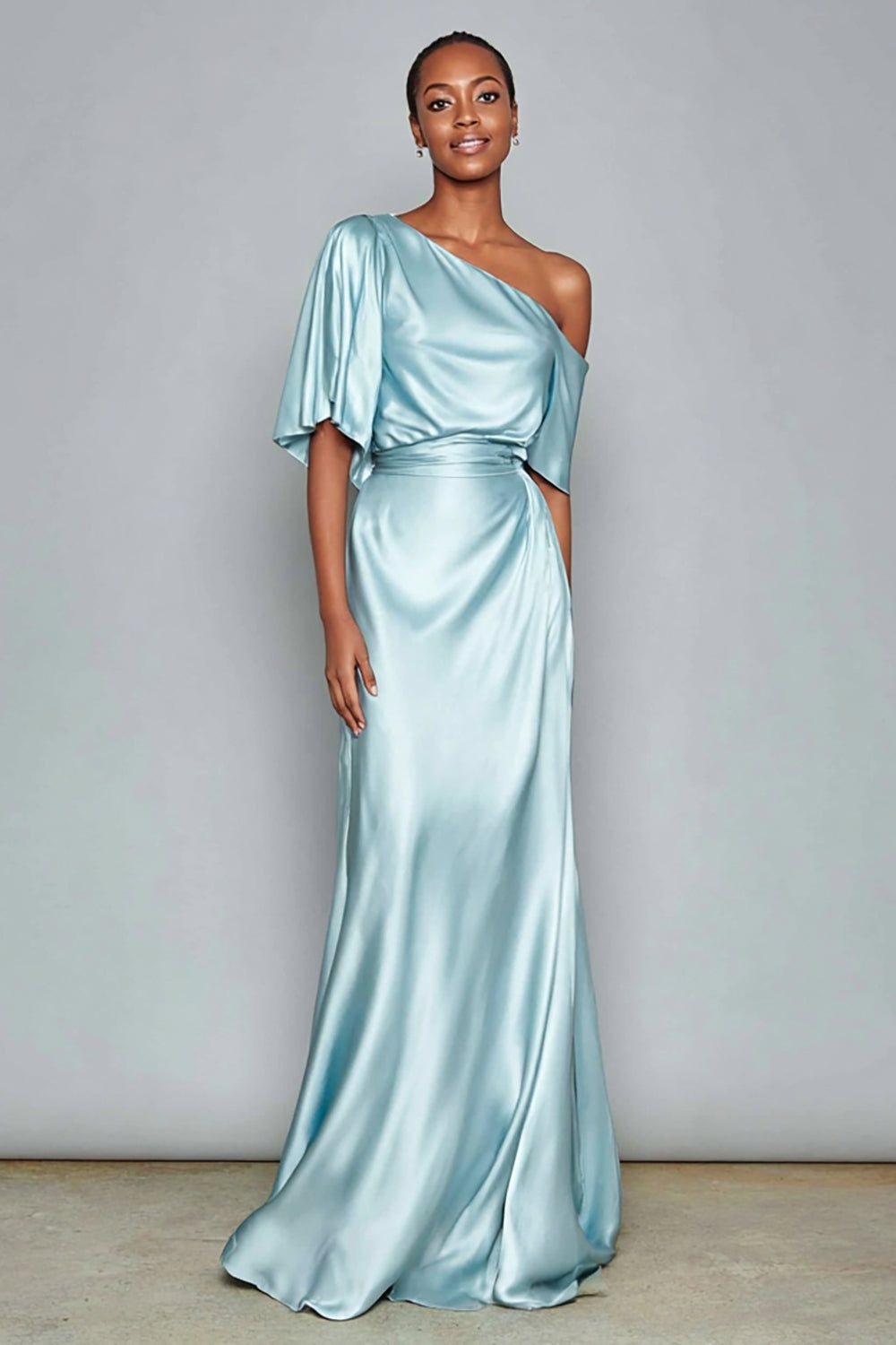 Light Blue One Shoulder Satin Mermaid Long Wedding Guest Dress with Sleeves