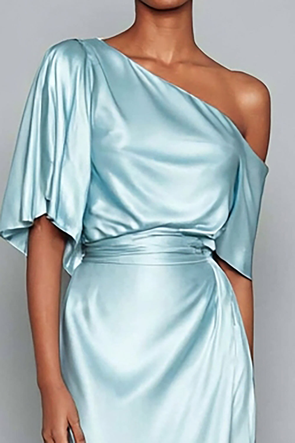 Light Blue One Shoulder Satin Mermaid Long Wedding Guest Dress with Sleeves