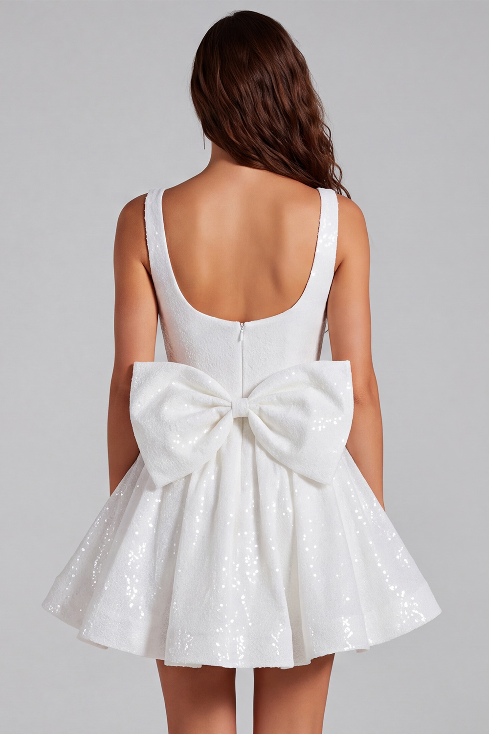 Sparkly Ivory Square Neck A Line Sequins Short Homecoming Dress with Bow