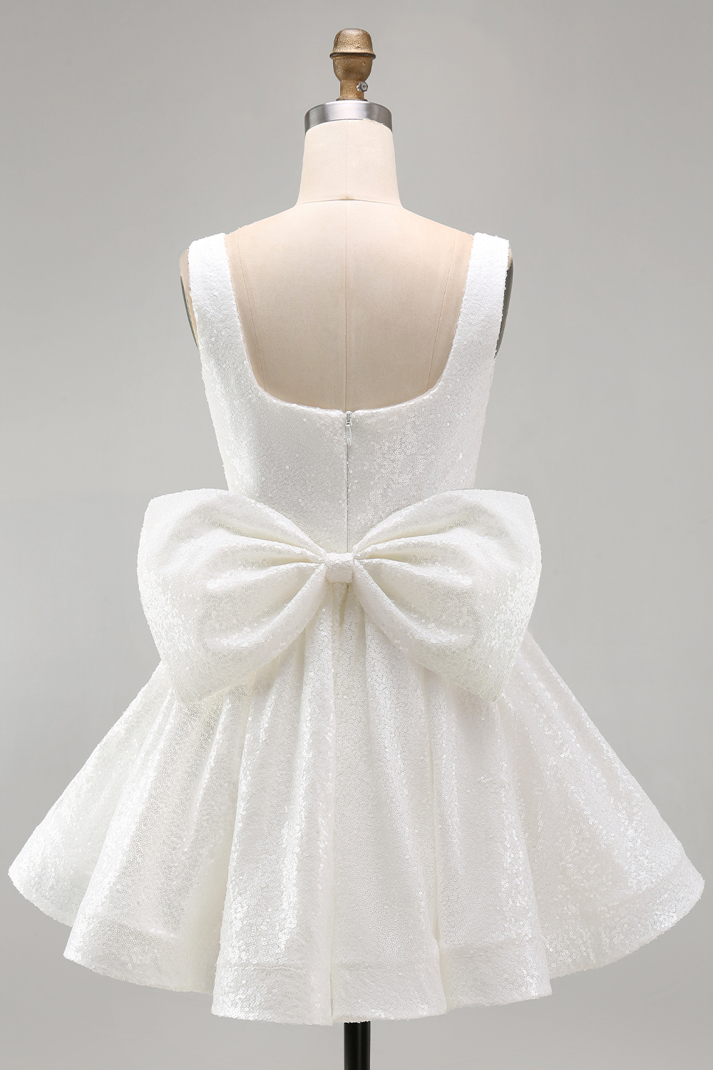 Sparkly Ivory Square Neck A Line Sequins Short Homecoming Dress with Bow