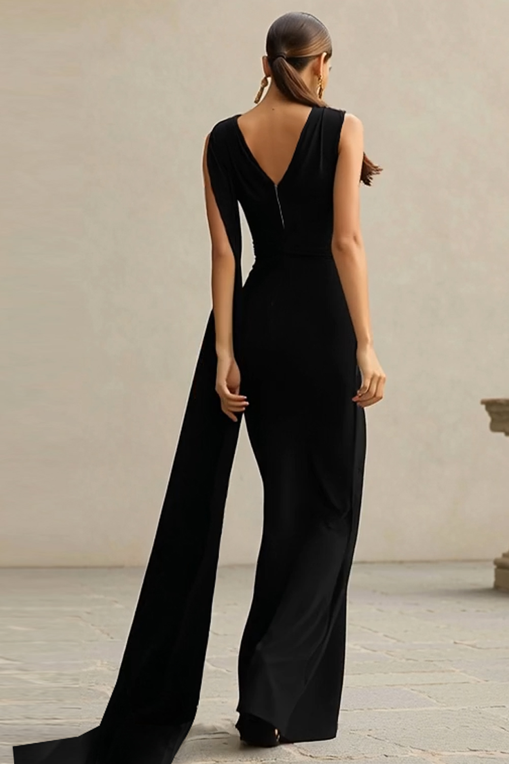 Black One Shoulder Neck Scarf Mermaid Long Evening Dress with Cape