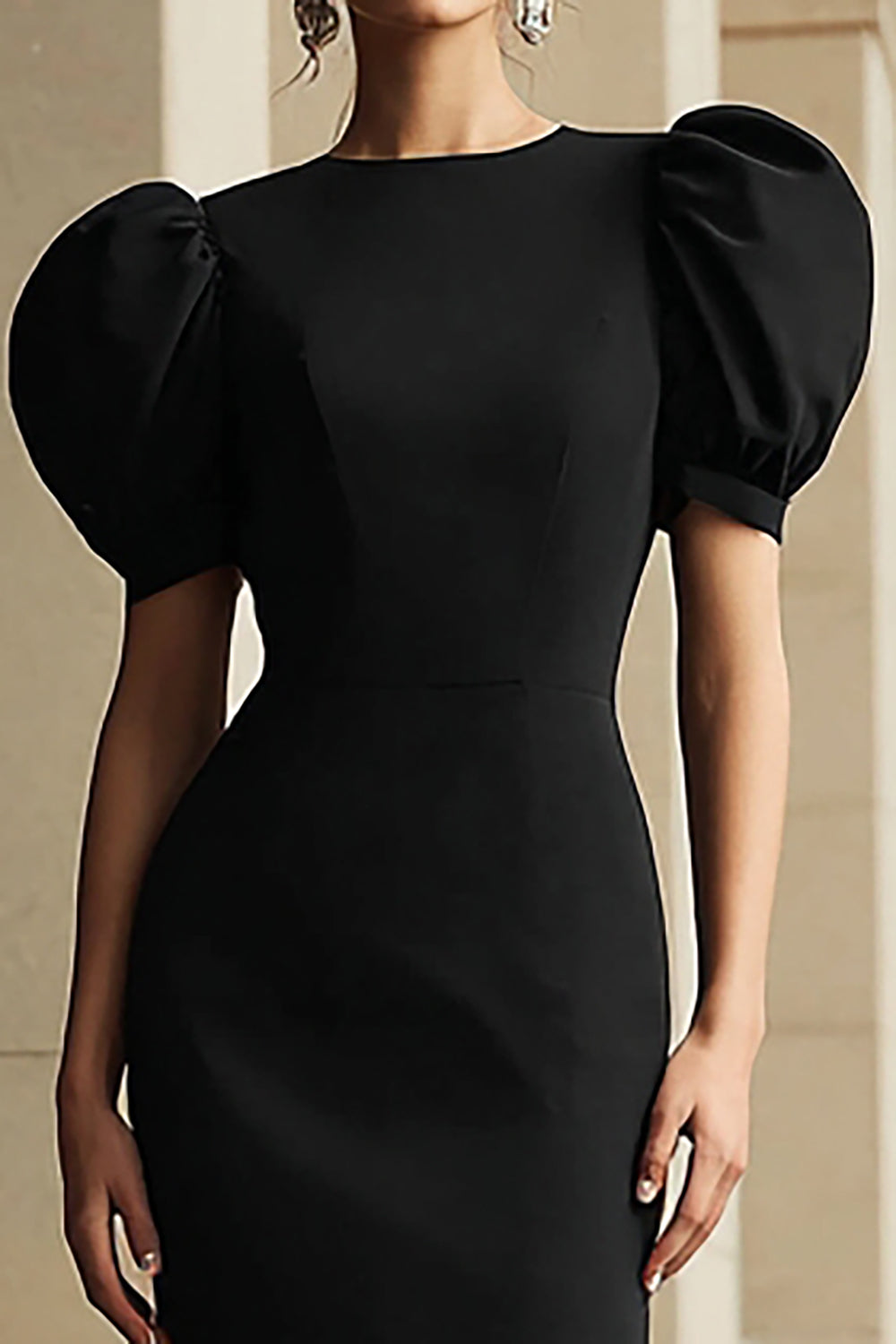 Black Round Neck Sheath Mermaid Puff Sleeves Long Evening Dress