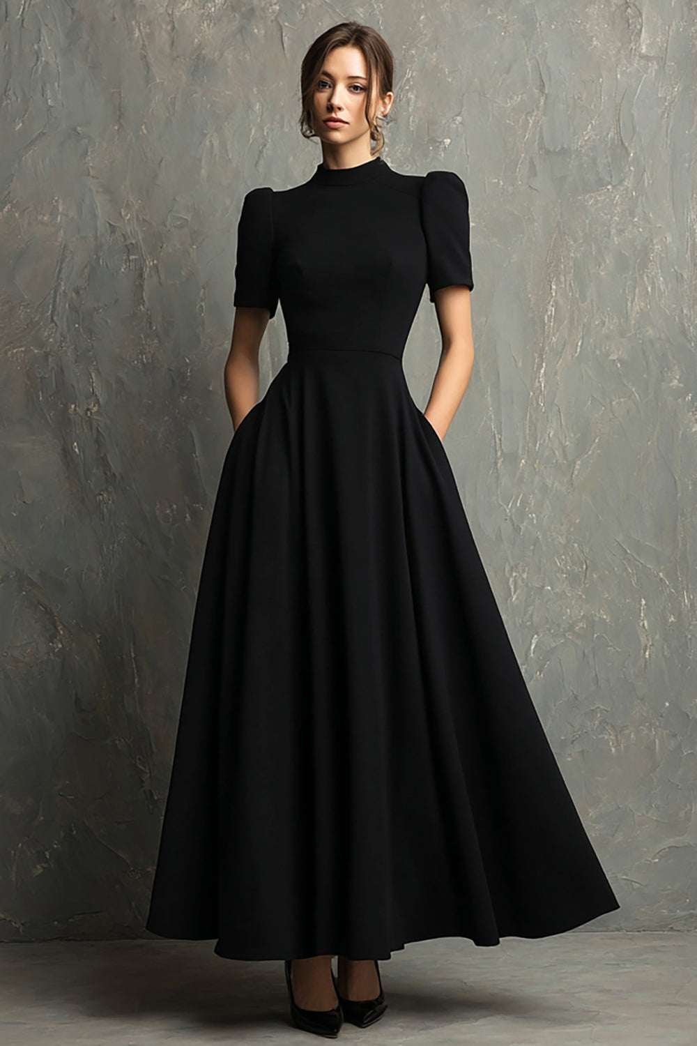 Black High Neck A-Line Short Sleeves Long Evening Dress with Pockets