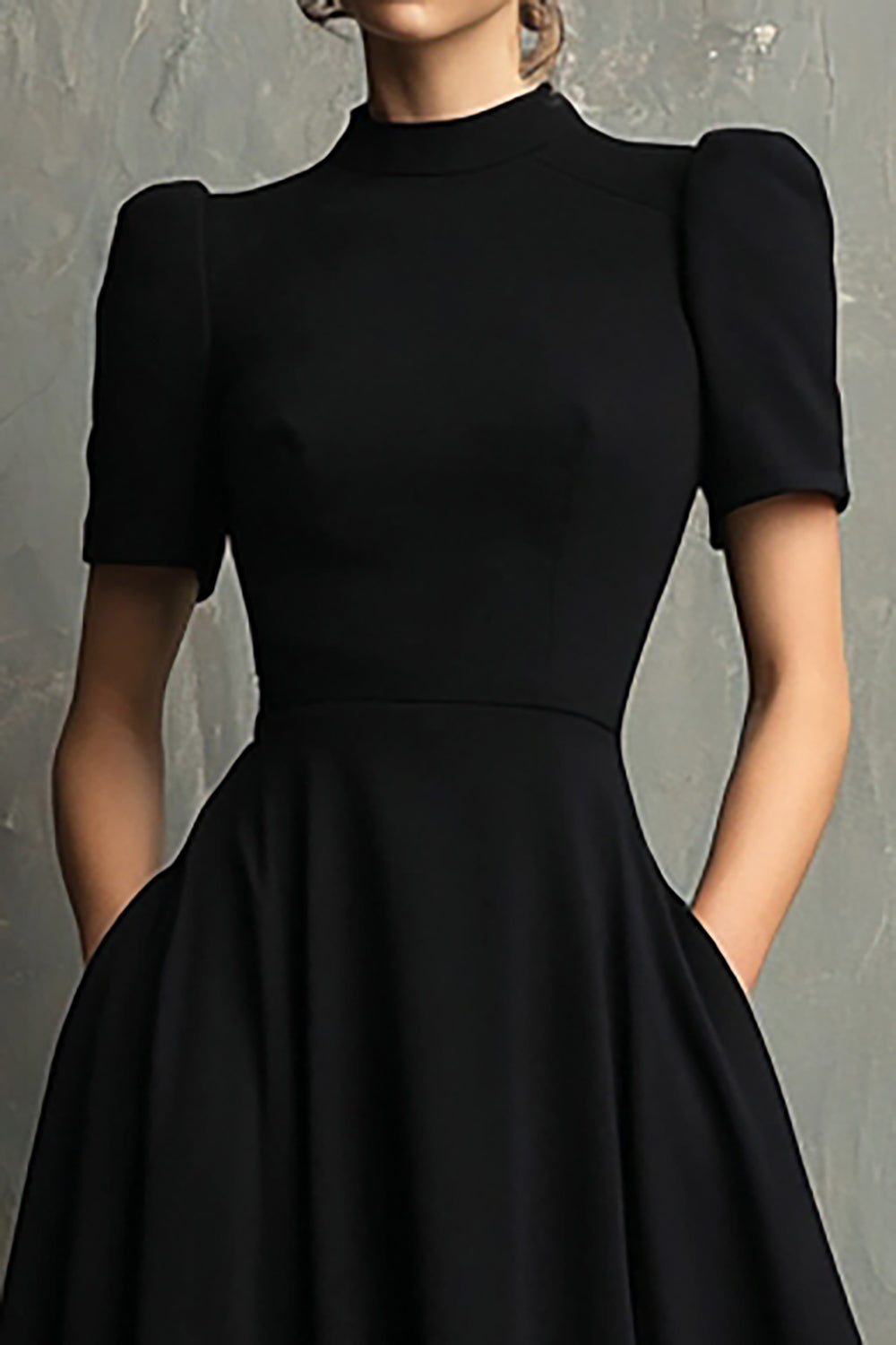 Black High Neck A-Line Short Sleeves Long Evening Dress with Pockets